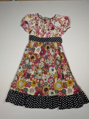 Girls Floral Patchwork Dress with Polka Dot Trim - Pink Multicolor